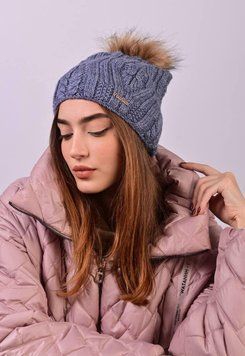Шапка женская Fancy Fashion шерсть на флисе с бомпоном узор джинс 58956510 фото