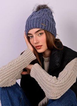 Шапка женская Fancy Fashion шерсть на флисе с бомпоном узор резинка синяя 1984 фото