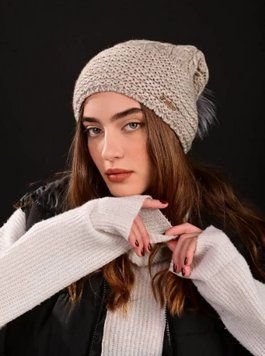 Шапка женская Fancy Fashion шерсть на флисе с бомпоном колпак бежевая 58956503 фото